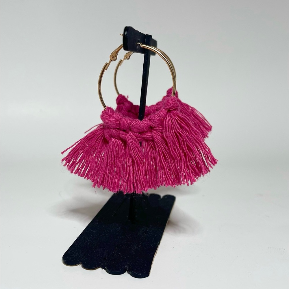 Handmade Earrings With Pink Macrame Braid On Gold-Tone Hoops